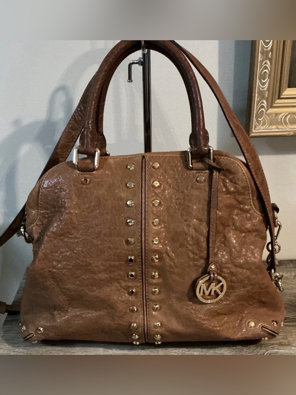 Michael Kors Astor Studded Satchel Top Handle Crossbody Shoulder Bag Brown EUC